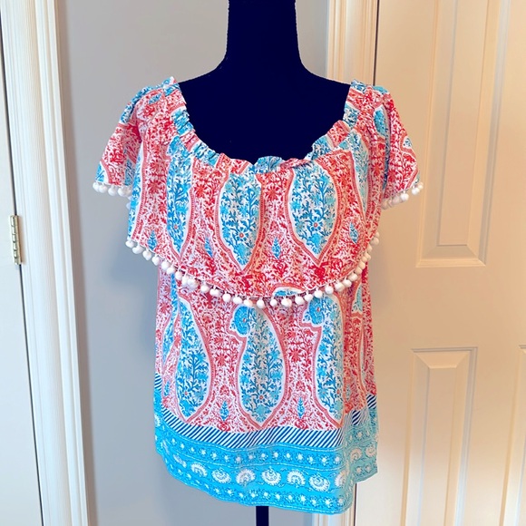 crown & ivy Tops - Crown & Ivy Orange & Turquoise Tropical off the shoulder Top NWT size XL